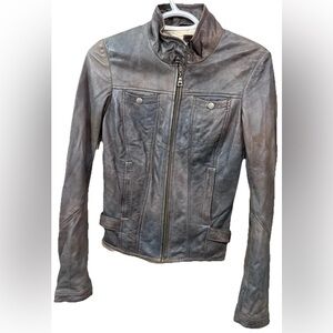 Gray genuine Leather Motorcycle Jacket with Distressed Finish
